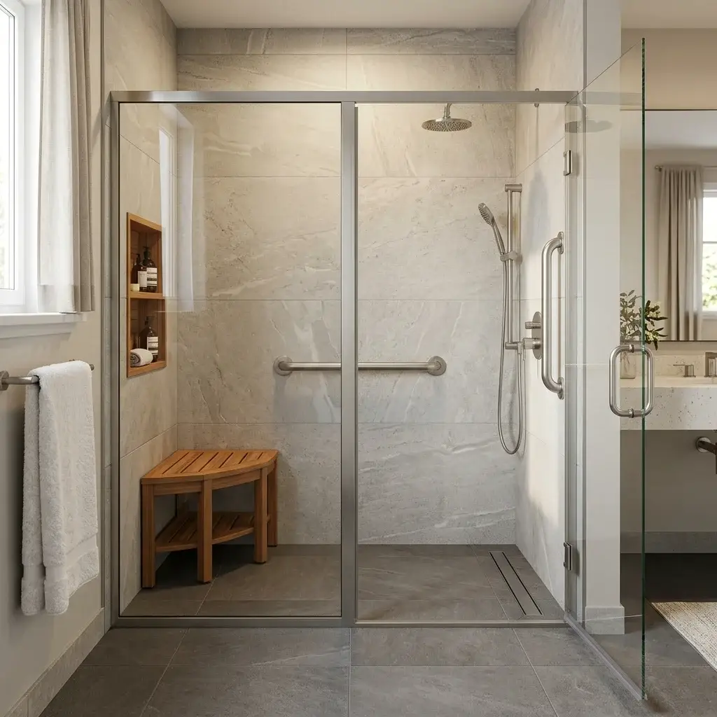 ADA senior safety walk-in shower with grab bars in Maryland