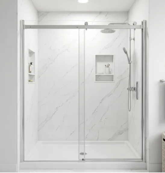 Non-slip textured shower floor and grab bar detail