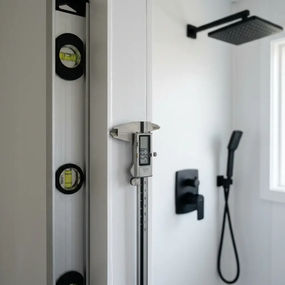 Precision bathroom shower panel installation alignment detail