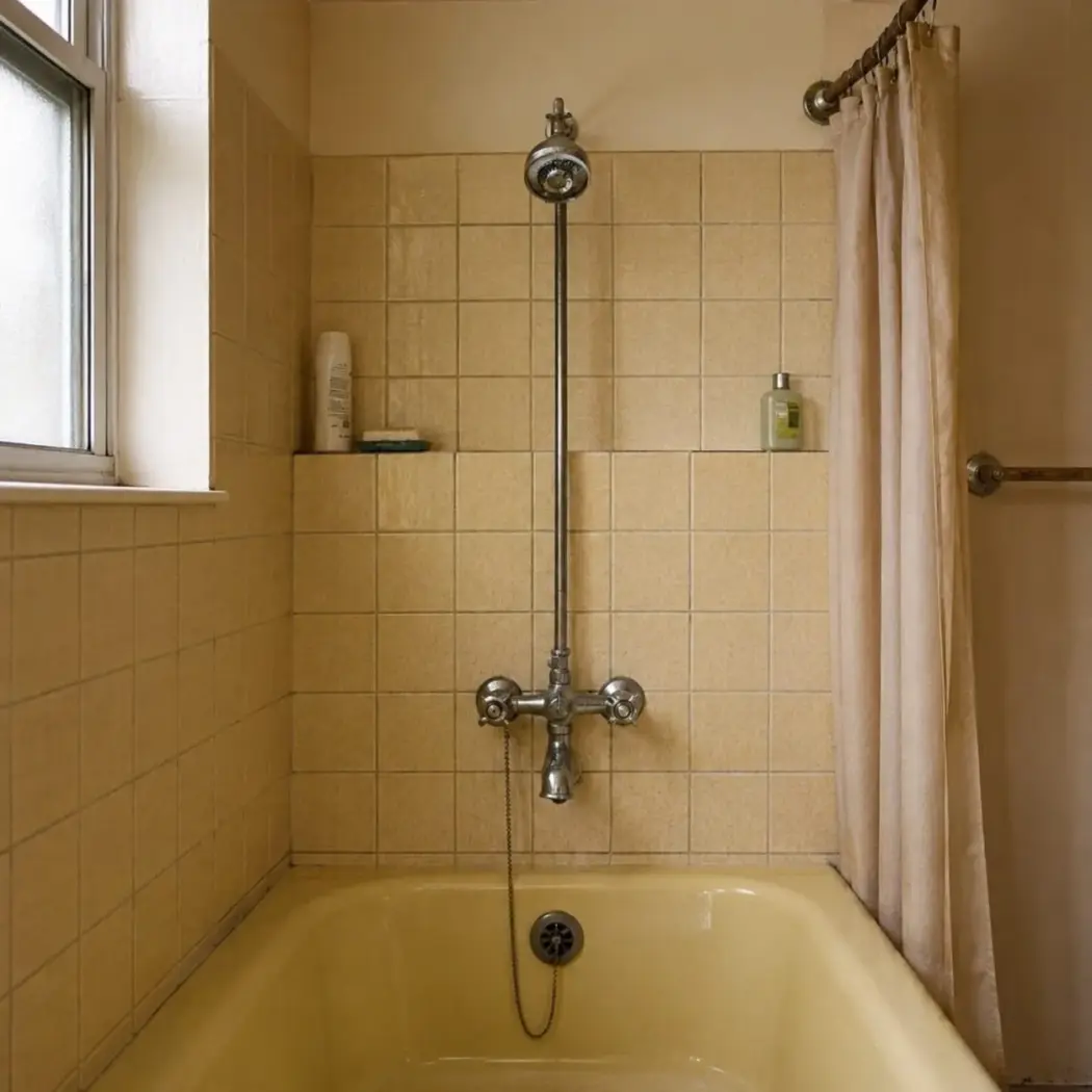 Old traditional ceramic tile wall with discolored grout lines