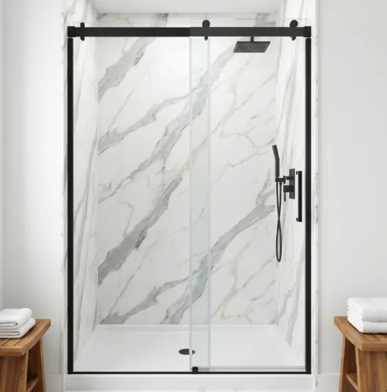 Low threshold walk-in shower with white base